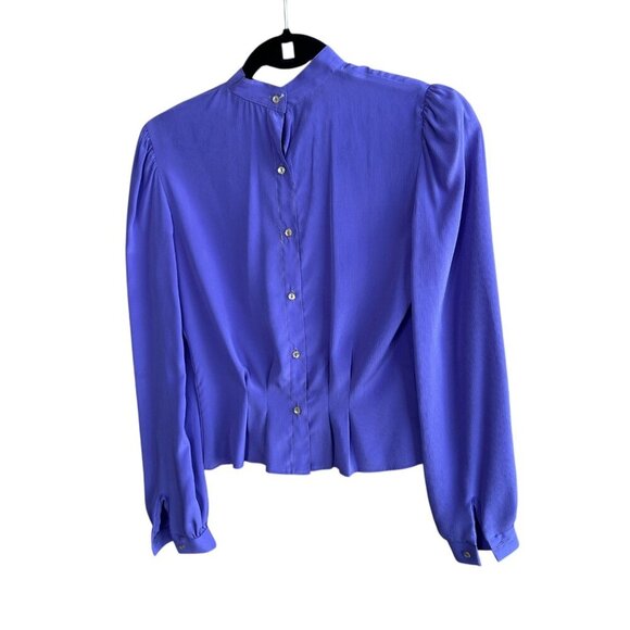 Vintage 80s Purple High Neck Ruffle Modest Secretary Blouse Size 5 Puffy Sleeves - Picture 3 of 9